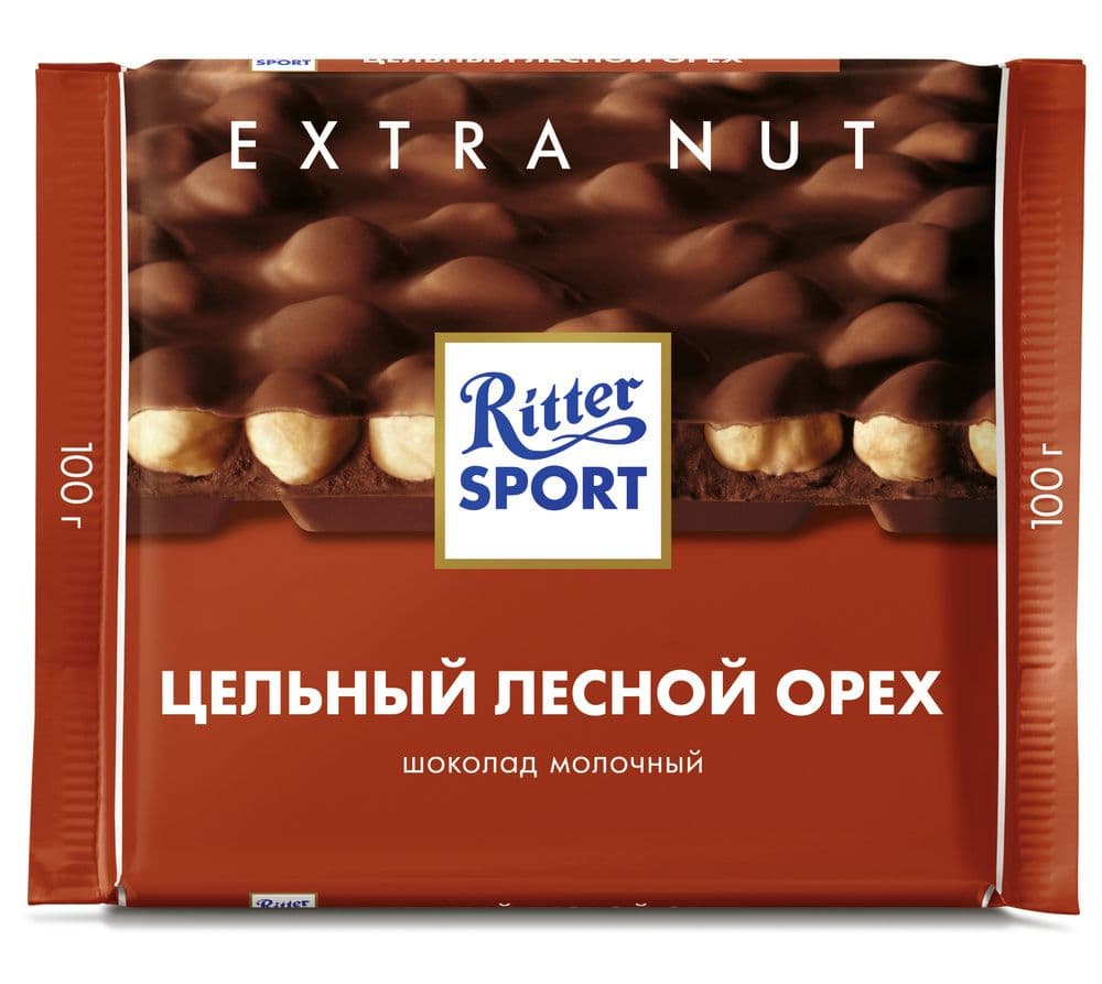 Шоколад ‘Риттер Спорт’ Цельный лесной орех (молочный шоколад)